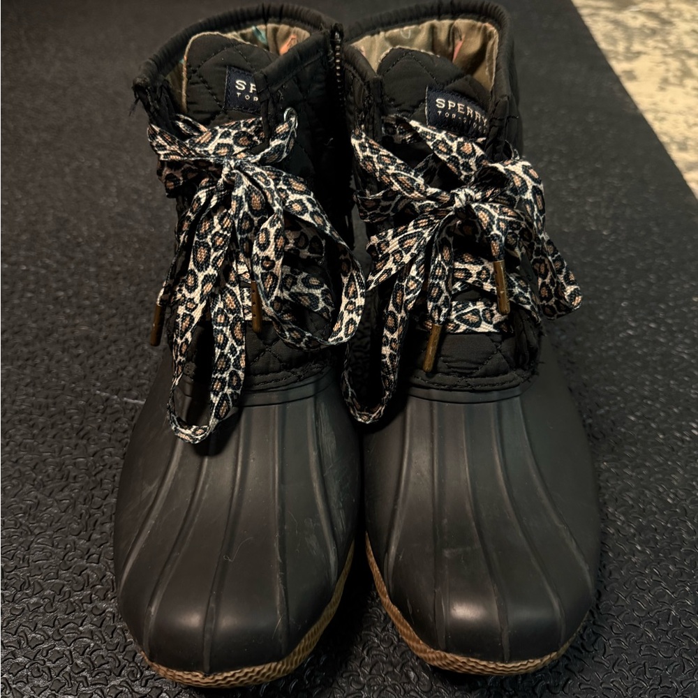Sperry Black Duck Boots with Leopard-Print Laces